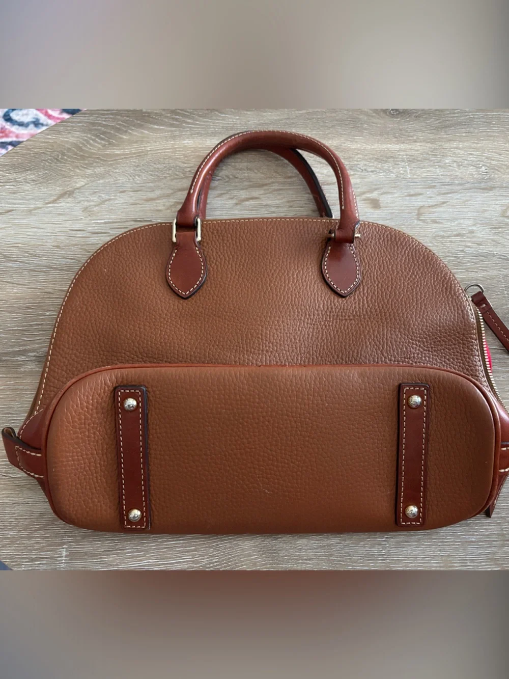 Dooney & Bourke Tan/Brown Pebble Leather Satchel with Red Accent